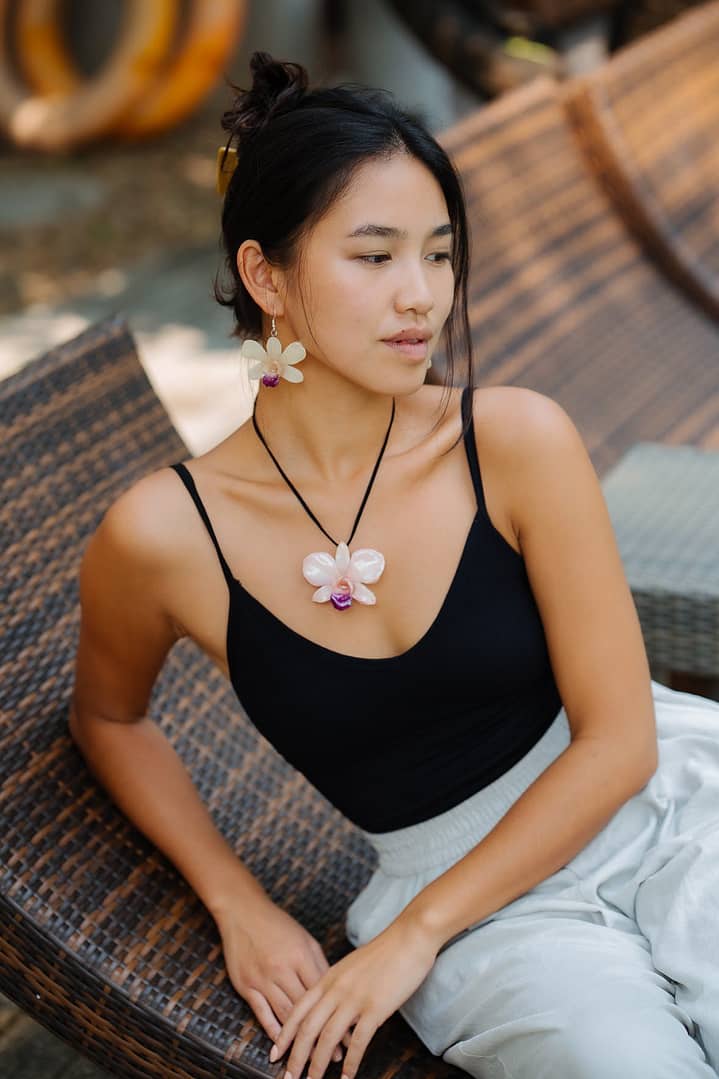Model Wearing Wholesale White Orchid Flower Necklace & Earrings Handmade in Thailand