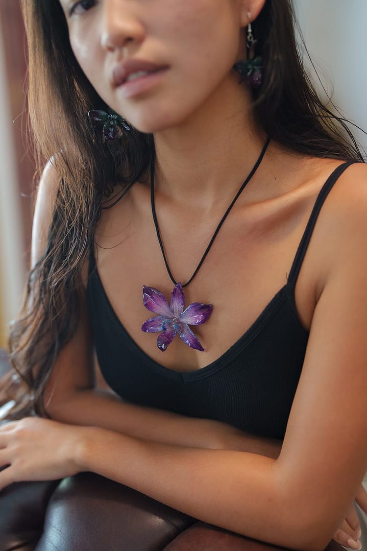 Model Wearing Wholesale Purple Orchid Flower Earrings & Necklace Handmade in Thailand