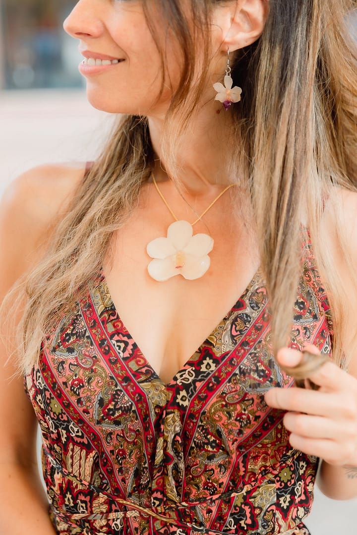 Model Wearing Wholesale White Orchid Flower Earrings & Necklace Handmade in Thailand